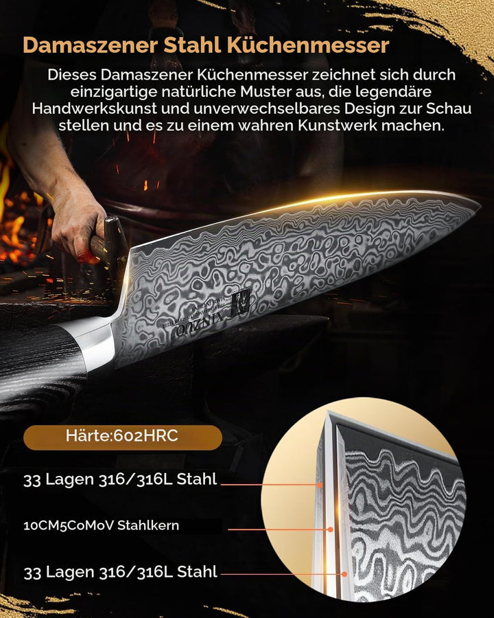 XINZUO 20.1cm Damaskus Kochmesser, 67 Schichten Damaststahl Chefmesser Profi Fleischmesser Kochmesse