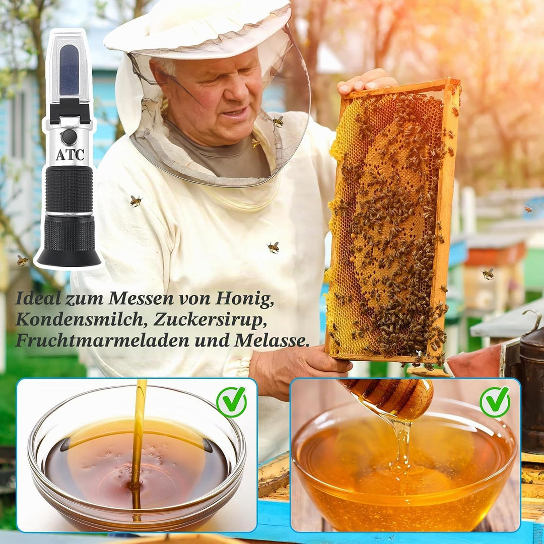 Rierousy 3-In-1 Refraktometer Honig mit Dreifach-Skala(Wasser: 12-27%, Brix: 58-90%, Be&