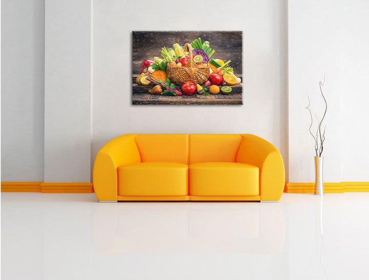 Pixxprint Frisches Obst und Gemüse im Korb Kunst Buntstift Effekt, Format: 100x70 auf Leinwand, 100x