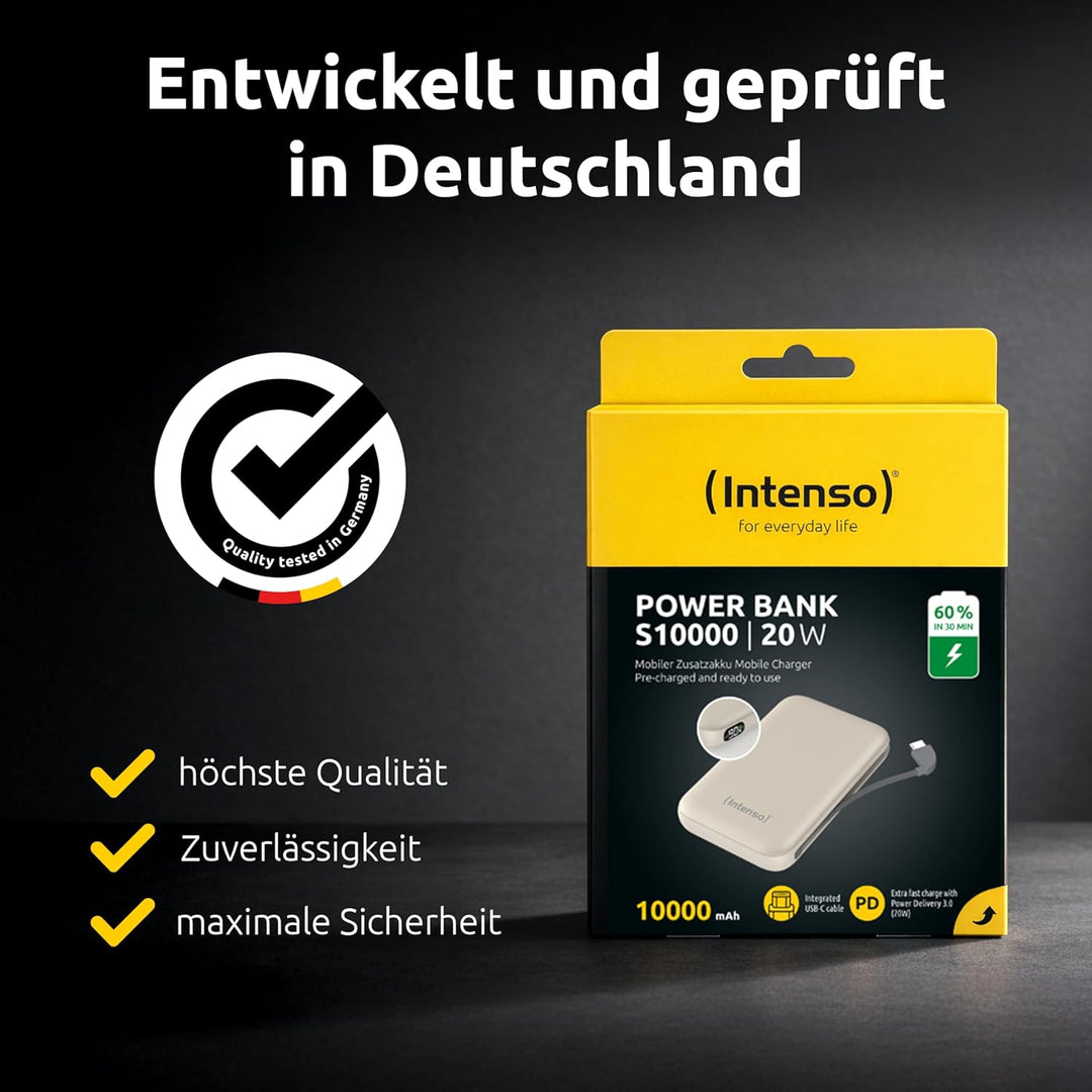 Intenso S10000 Powerbank mit integriertem USB-C Kabel, 10.000 mAh, Ultra schnelles Laden mit PD 3.0