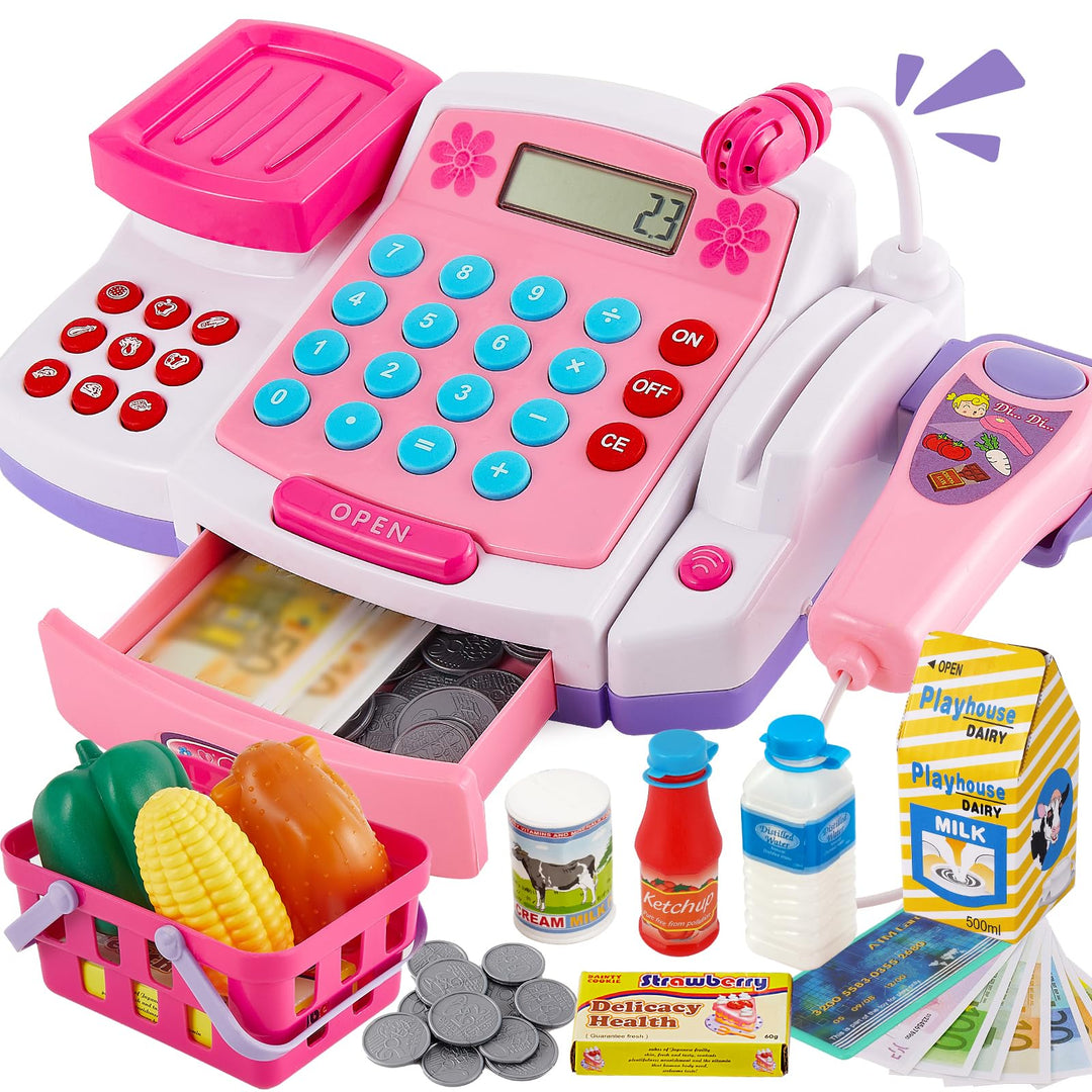 BUYGER Spielzeug Kasse Kinder mit Scanner Waage Mikrofon, Spielkasse mit Litchi und Sound, Kaufladen