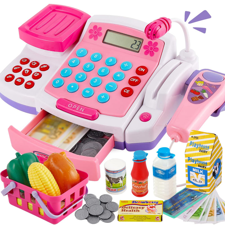 BUYGER Spielzeug Kasse Kinder mit Scanner Waage Mikrofon, Spielkasse mit Litchi und Sound, Kaufladen