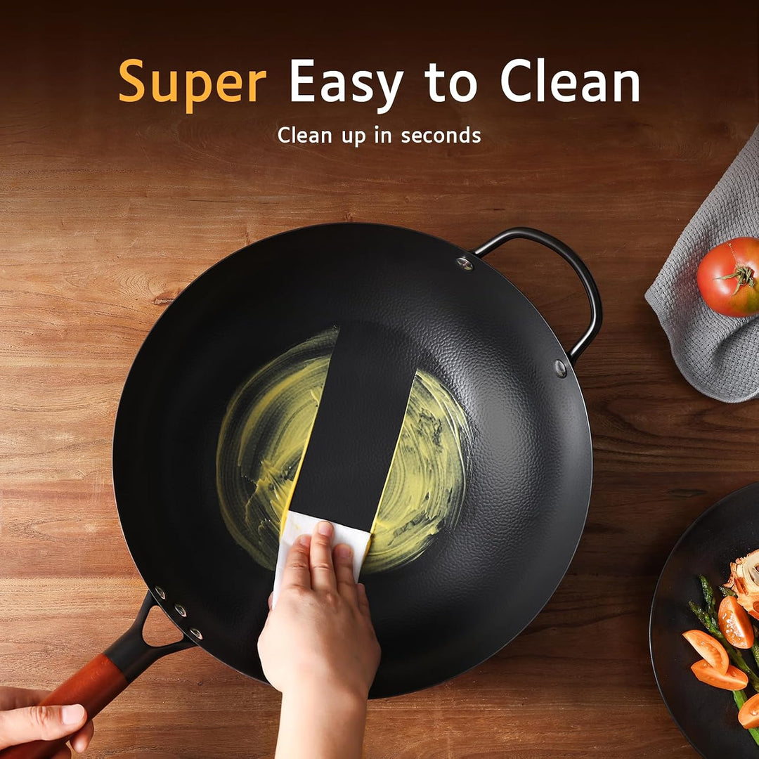 Kordisen 32 cm Wok aus Kohlenstoffstahl mit Deckel, flacher Boden, natürlich antihaftbeschichtet, ge