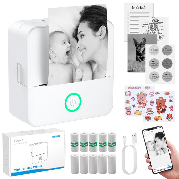 eSynic Tragbarer Mini-Drucker, kompatibel mit Android und iOS, Thermodrucker ohne Tinte oder Toner,