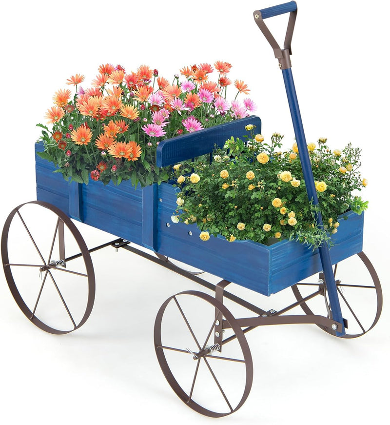 RELAX4LIFE Blumenständer mit 4 Rädern aus Metall, Pflanzwagen aus Massivholz, Holzwagen bis zu 15 kg