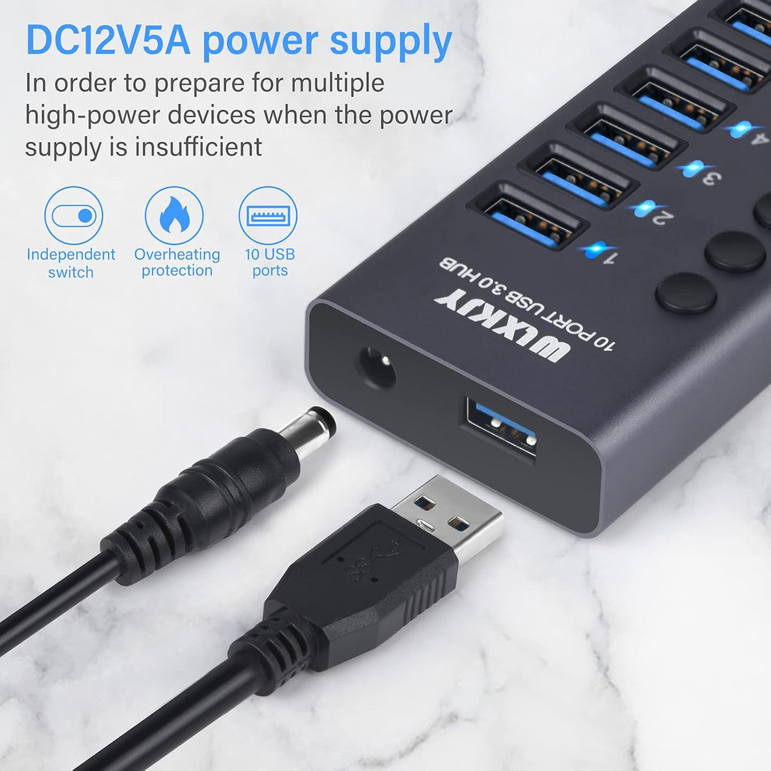 Aktiver 3.0 USB Hub mit 72W (24V/3A) Netzteil, 10 Aluminium Ports USB 3.0 Hub zum Laden und Hochgesc