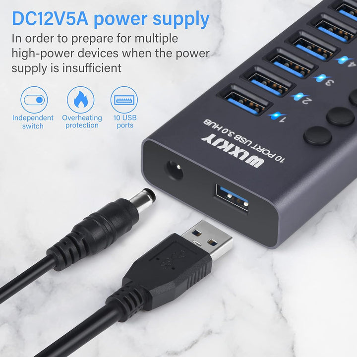 Aktiver 3.0 USB Hub mit 72W (24V/3A) Netzteil, 10 Aluminium Ports USB 3.0 Hub zum Laden und Hochgesc