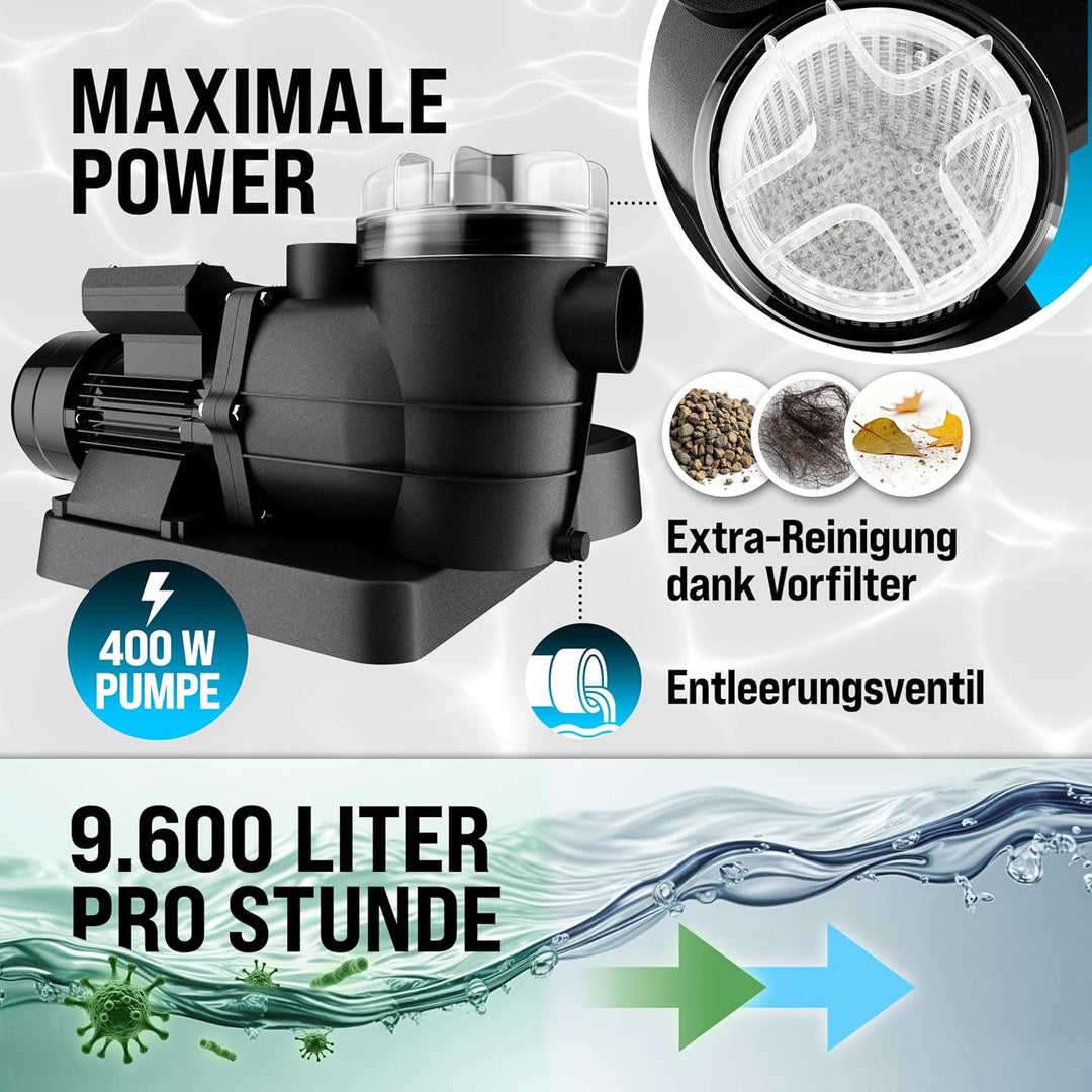 MONZANA Pool Sandfilteranlage SF96K 9600 L/h bis 30.000L | inkl. Filterglas, 7 Wege Ventil, 2in1 Ada