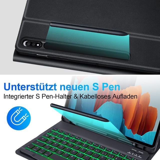 SOPPY Samsung Galaxy Tab S8/Tab S7 Hülle mit Tastatur, Kabellose 7-Farbige Beleuchtung Tastatur Hüll