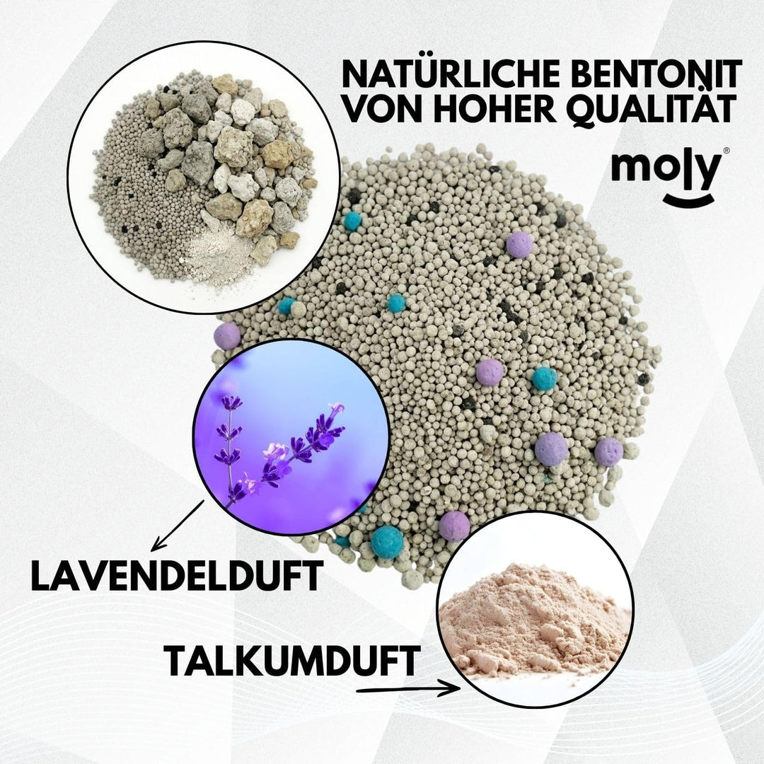 MOLY 2 x Bentonit-Katzenstreu mit Aktivkohle, 5,6 kg, 7,4 l, hohe Saugfähigkeit, mit Lavendel- und T