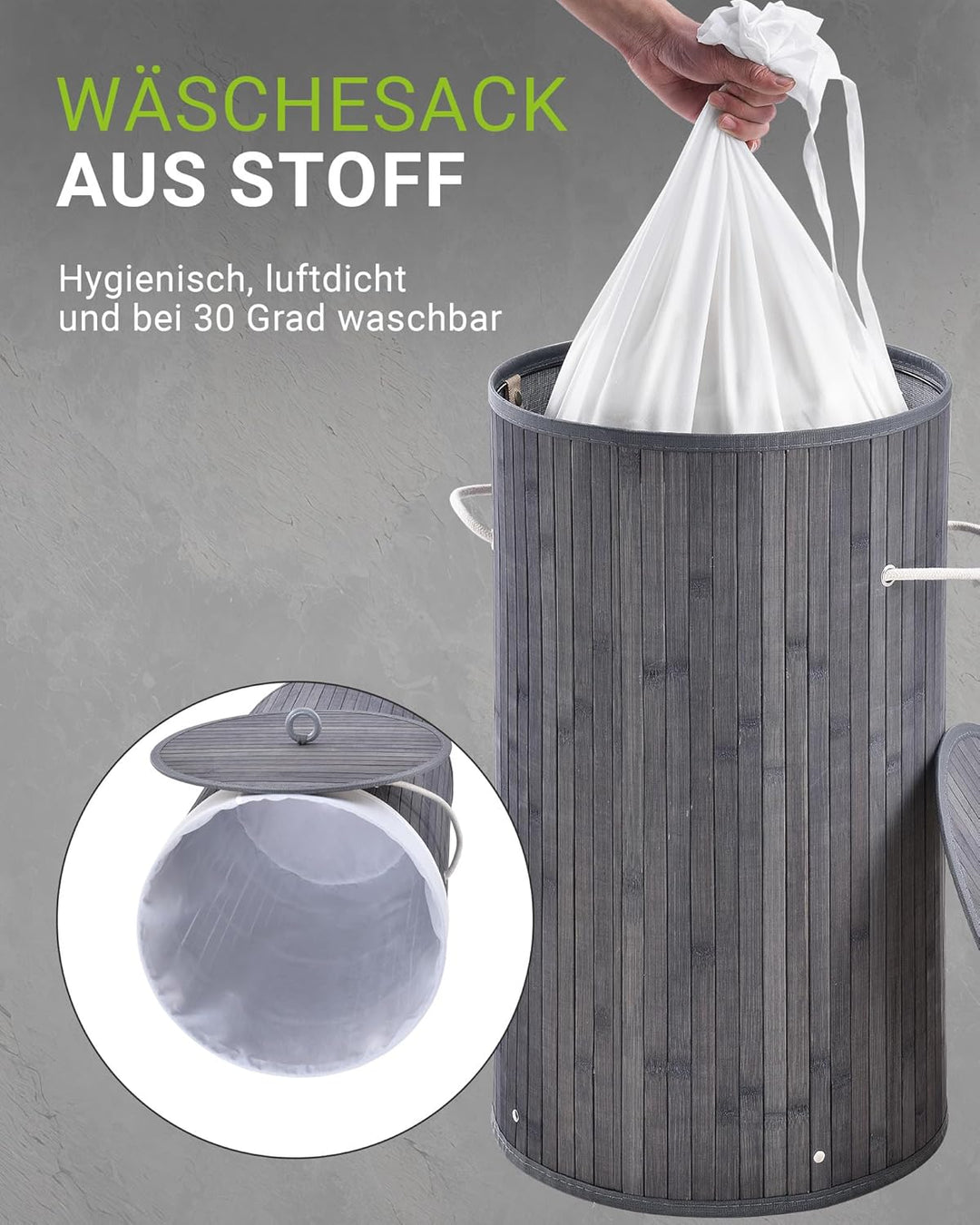 Juskys Bambus Wäschekorb Curly-Round Grau 55L - Hygienischer & Faltbarer Wäschekorb mit Deckel, Trag