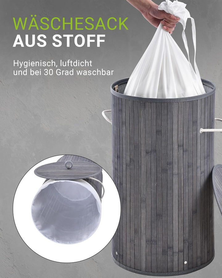 Juskys Bambus Wäschekorb Curly-Round Grau 55L - Hygienischer & Faltbarer Wäschekorb mit Deckel, Trag