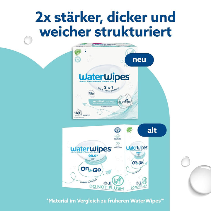 WaterWipes Sensitive+ On The Go Wipes, Unterwegs-Tücher, 224 Stück (8 Packungen), 3-in-1 reinigt, pf