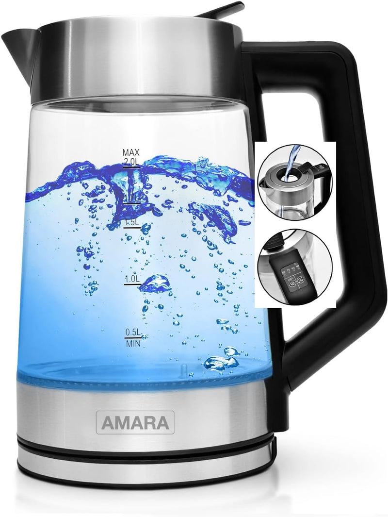 AMARA Wasserkocher Glas mit Temperatureinstellung 2200 Watt 2L besonders leise I Wasserkocher Temper