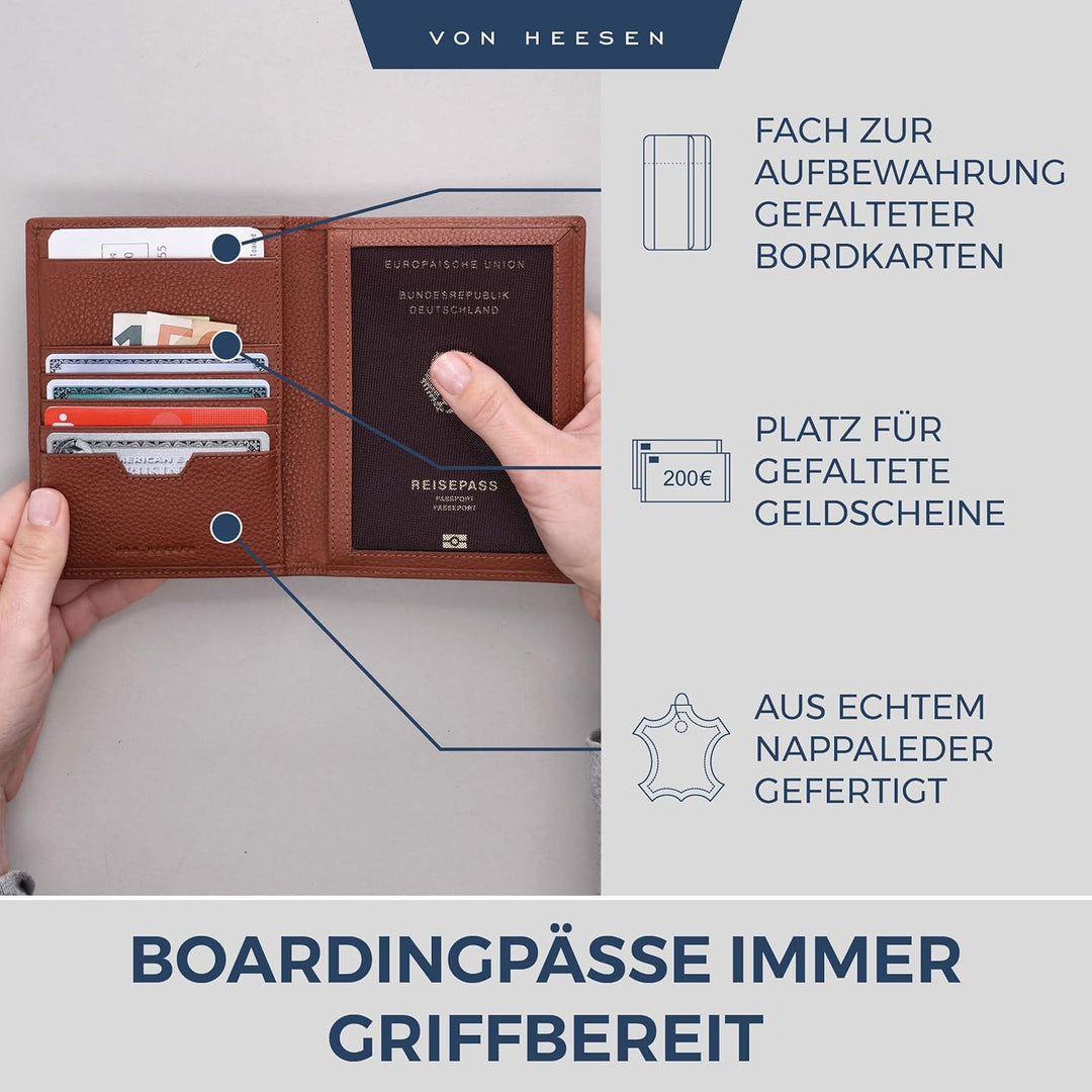 VON HEESEN® Reisepasshülle Leder Etui mit RFID-Schutz - Passhülle Passport Reisepass Mappe Hülle Org