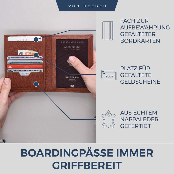 VON HEESEN® Reisepasshülle Leder Etui mit RFID-Schutz - Passhülle Passport Reisepass Mappe Hülle Org