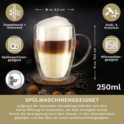 Creano doppelwandiges Thermoglas mit Henkel 250ml, grosses Doppelwandglas aus Borosilikatglas, Kaffe