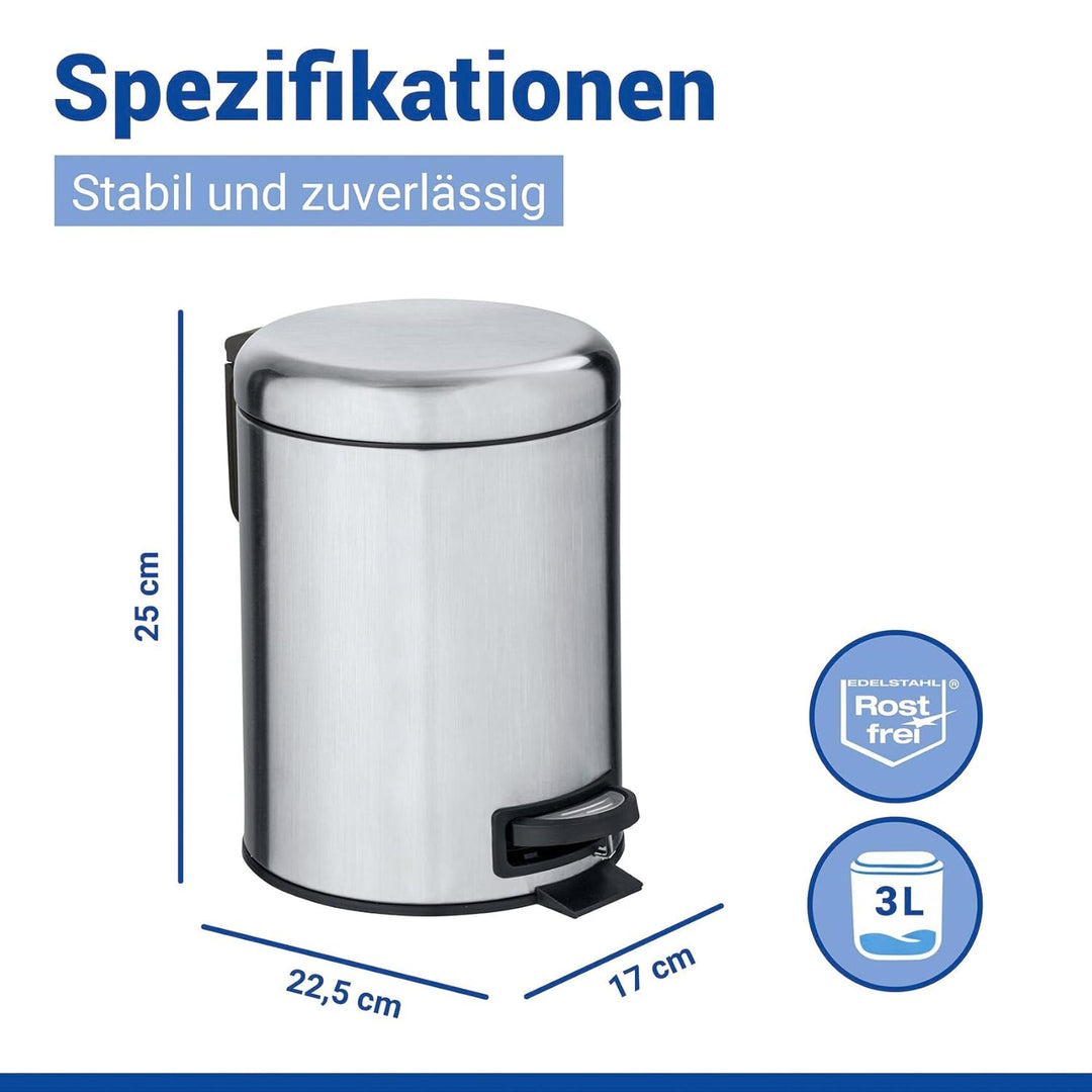 WENKO Kosmetik Treteimer Leman, 3 Liter, Bad-Mülleimer mit Anti-Fingerprint-Beschichtung, Beutelhalt