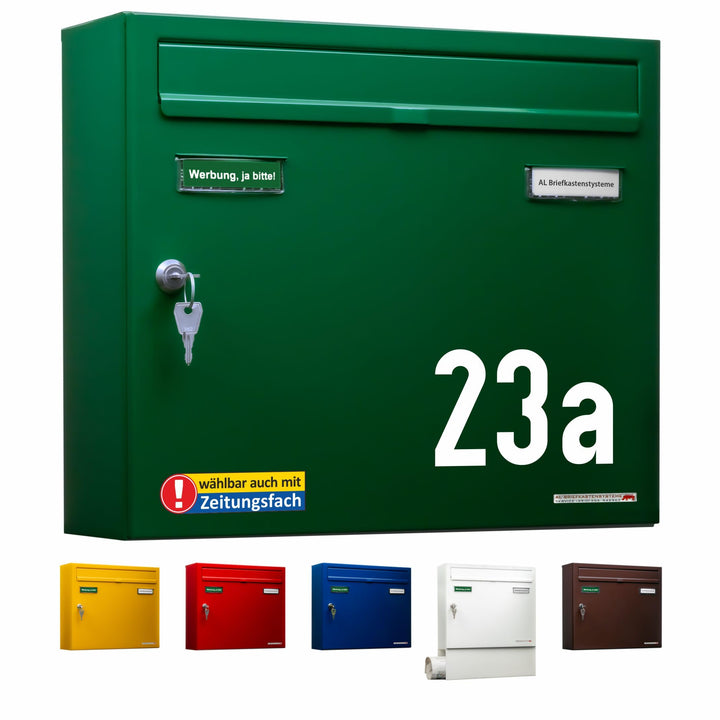 AL Briefkastensysteme Briefkasten mit Hausnummer grün RAL 6005 - Basic 1er Briefkasten mit Hausnumme