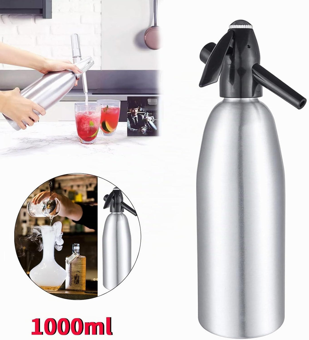 Soda Siphon, Sprudelwasser Maschine 1L, Seltzer Wasser Maker, Tragbare Aluminium Mini Soda-Maschine