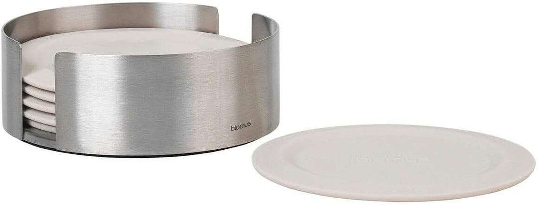 blomus -LARETO- Set aus 6 Silikon-Untersetzern, sanfter Beigeton, inkl. Edelstahlhalter, Farbe Moonb