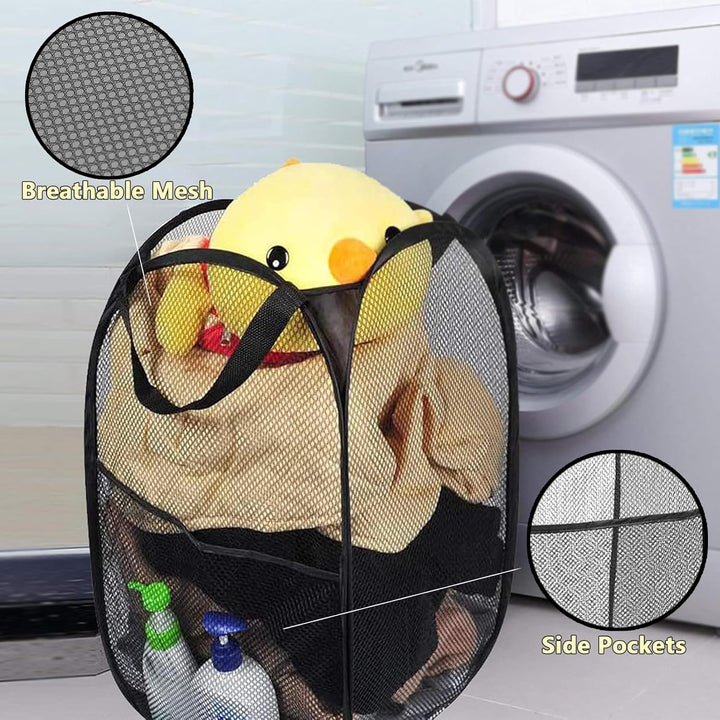 2 Stück Gross Netz-Wäschekorb Faltbar, Laundry Basket Mesh Pop up, Faltbarer Netz-Wäschekorb mit Rob