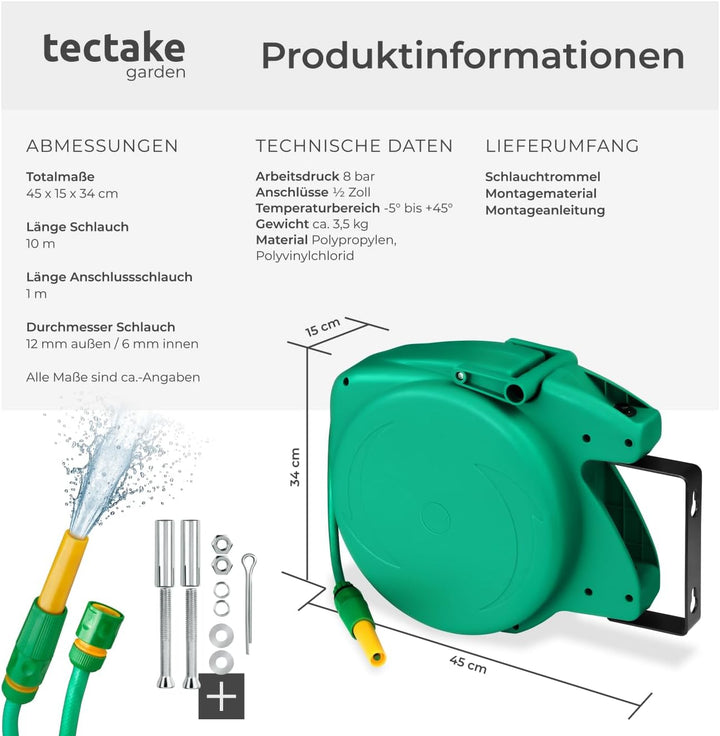 tectake® Schlauchtrommel Wandmontage, Gartenschlauch 1/2 Zoll, Wasserschlauch Aufroller, Schlauch Tr
