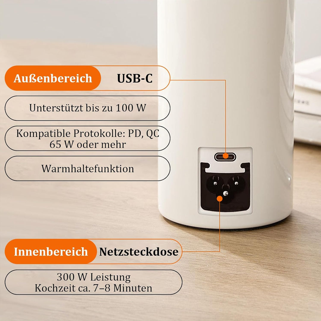 Tragbarer Reise-Wasserkocher 500 ml mit USB-C-Ladegerät, elektrischer Wasserkocher mit Tragegriff un