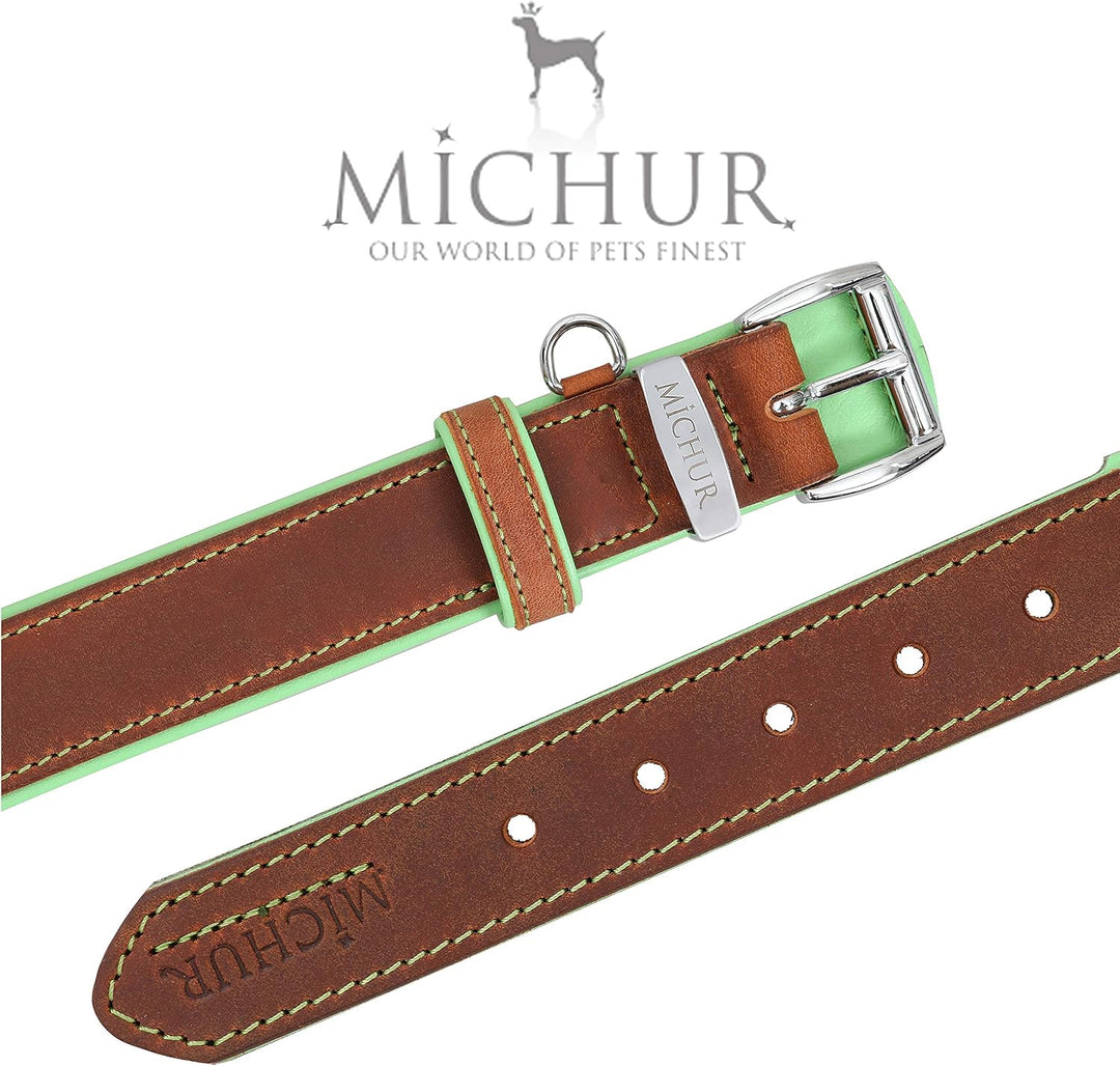 MICHUR Charly Hundehalsband Leder Braun Grün, Lederhalsband Hund, Halsband, Leder, in verschiedenen