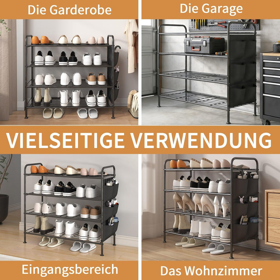 Schuhregal 4 Ebenen Schuhaufbewahrung Organizer Metall mit Seitentaschen für Flur, Schlafzimmer (Sch