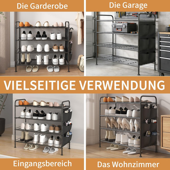 Schuhregal 4 Ebenen Schuhaufbewahrung Organizer Metall mit Seitentaschen für Flur, Schlafzimmer (Sch