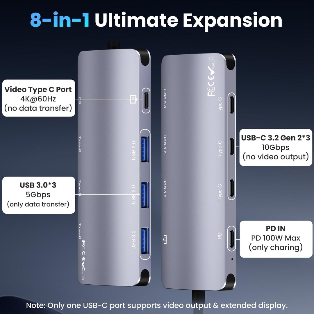 USB C Hub 10Gbps, 8-in-1 USB Hub 3.2 mit 4K@60Hz Videoausgang, 100W PD Ladeanschluss, USB4 Adapter m
