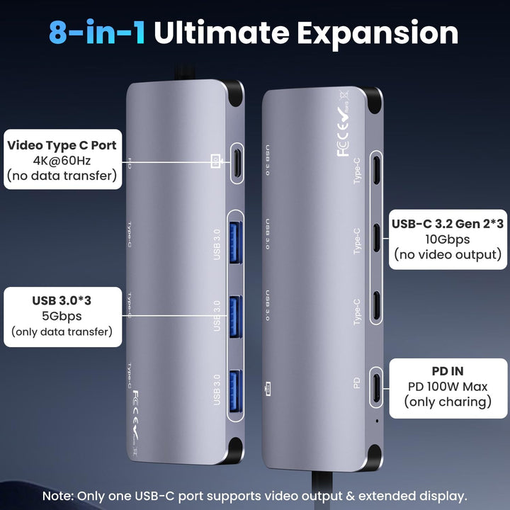 USB C Hub 10Gbps, 8-in-1 USB Hub 3.2 mit 4K@60Hz Videoausgang, 100W PD Ladeanschluss, USB4 Adapter m