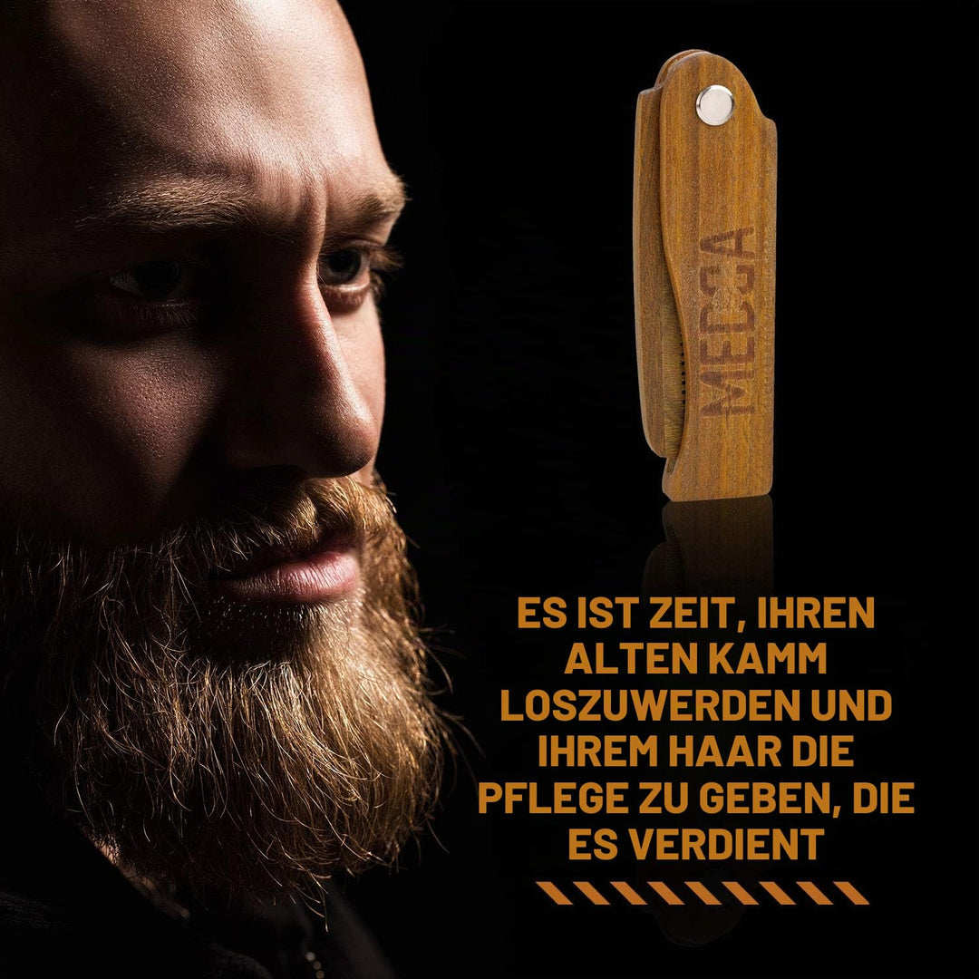 Faltbarer Holzkamm – 100% massives Buchenholz – feine Zähne im Taschenformat für Bart, Schnurrbart,