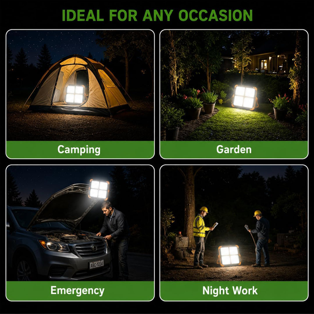 Jandei - 100 W Solar-LED-Strahler, tragbar. 5 Lichtmodi/336 LEDs. Mit Magnet und Halterung. USB/Sola