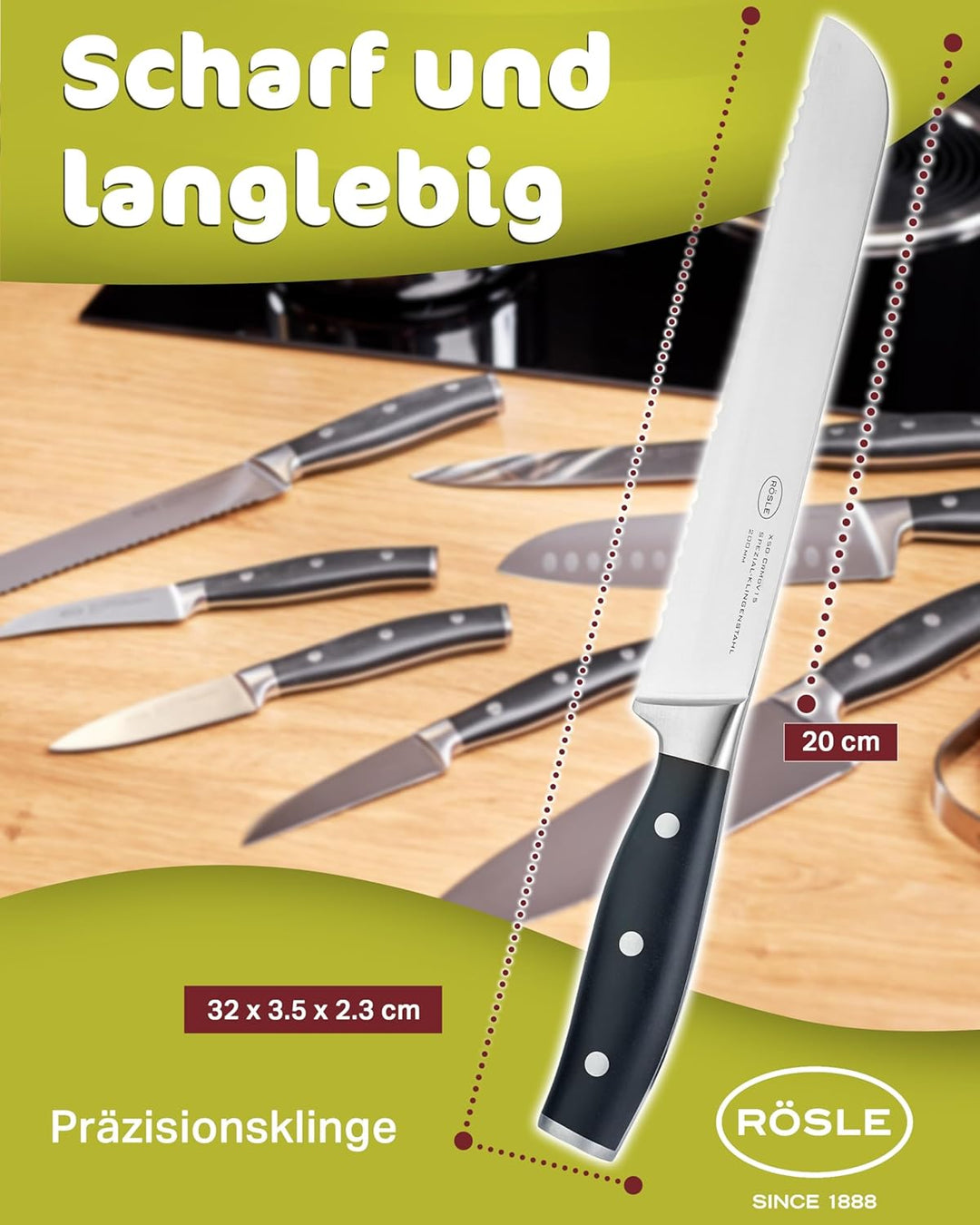RÖSLE Brotmesser Tradition, Hochwertiges Küchenmesser zum Schneiden von Brot, Brötchen und Baguette,