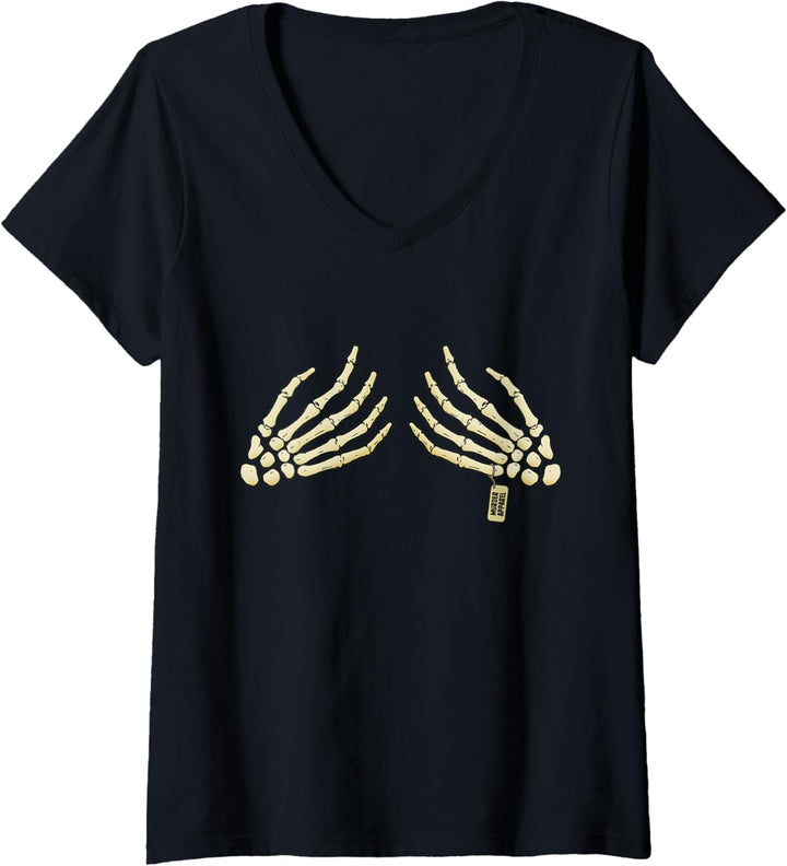 Damen Skeleton Boobs Gothic Halloween T-Shirt mit V-Ausschnitt