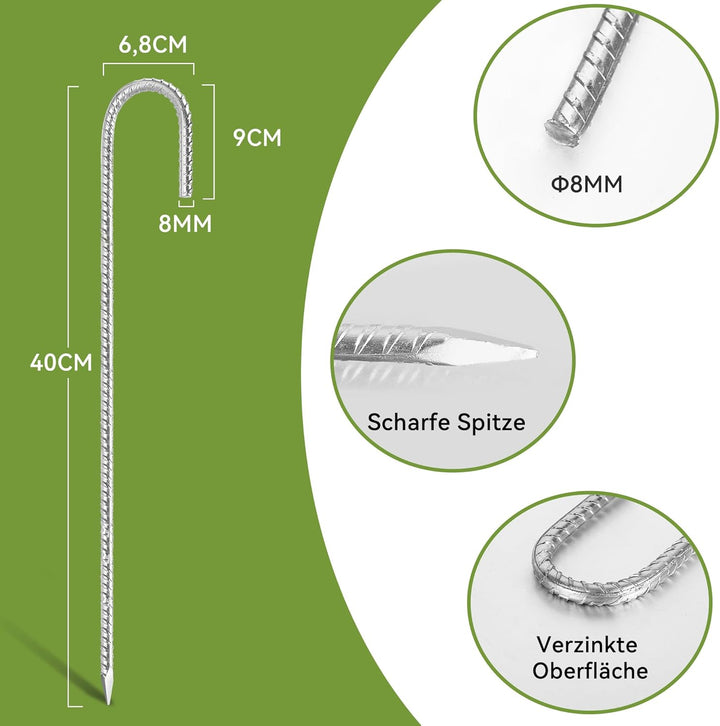 8 Stück 40cm Schwere Trampolin-Zeltanker-Bodennägel - Rostfrei Verzinkter Stahl J-Haken-Rebar-Pfähle