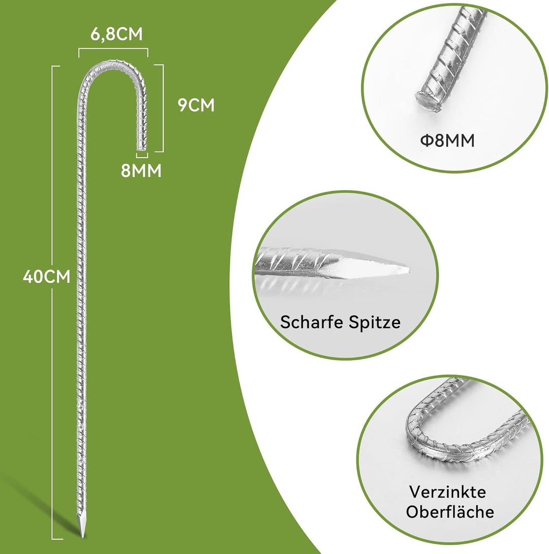 20 Stück 40cm Schwere Trampolin-Zeltanker-Bodennägel - Rostfrei Verzinkter Stahl J-Haken-Rebar-Pfähl
