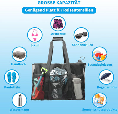 Strandtasche XXL Familie, Gross Strandtasche mit Reissverschluss, Faltbar Badetasche Wasserdicht San