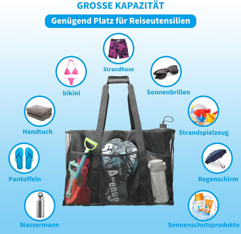 Strandtasche XXL Familie, Gross Strandtasche mit Reissverschluss, Faltbar Badetasche Wasserdicht San