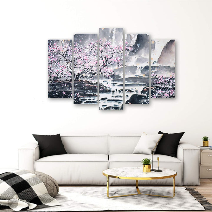 Feeby Frames, Leinwandbild Bilder Wand Bild - 5 Teile - Wandbilder Kunstdruck (KIRSCHBAUM, ROSA, GRA