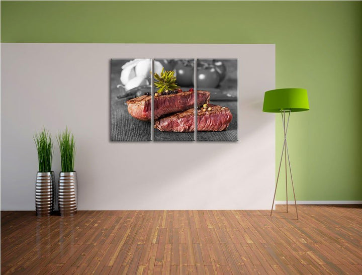 Leckeres Pfeffer Steak Medium schwarz/weiss 3-Teiler Leinwandbild 120x80 Bild auf Leinwand, XXL ries