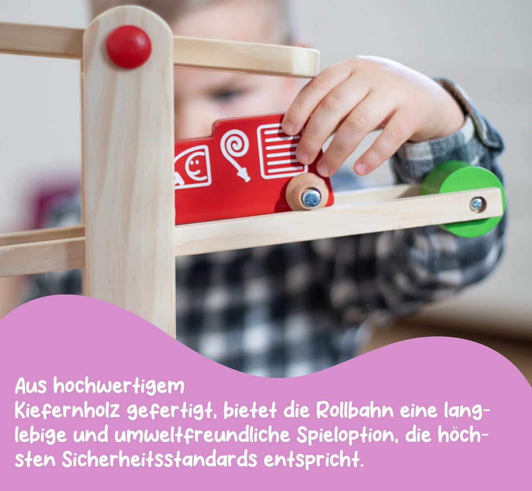 Eichhorn 100002029 Grosse Rollbahn aus Kiefernholz, 7-teilig, mit 6 Rollelementen, Kugelbahn für Kin