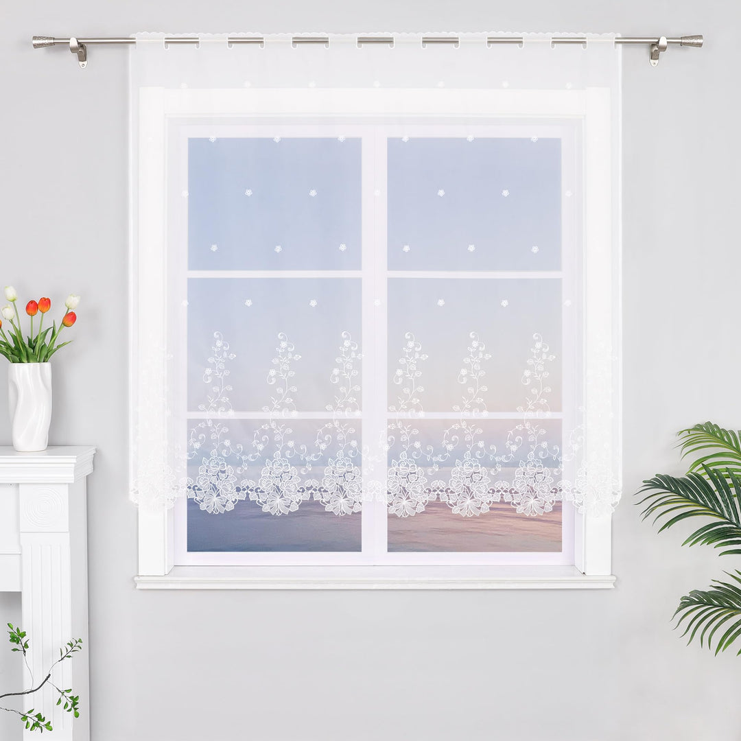 HeichkelL Scheibengardine Voile Kurzstore Hohl Stickerei Vorhang Durchstangenzug Gardine Küche Tür K