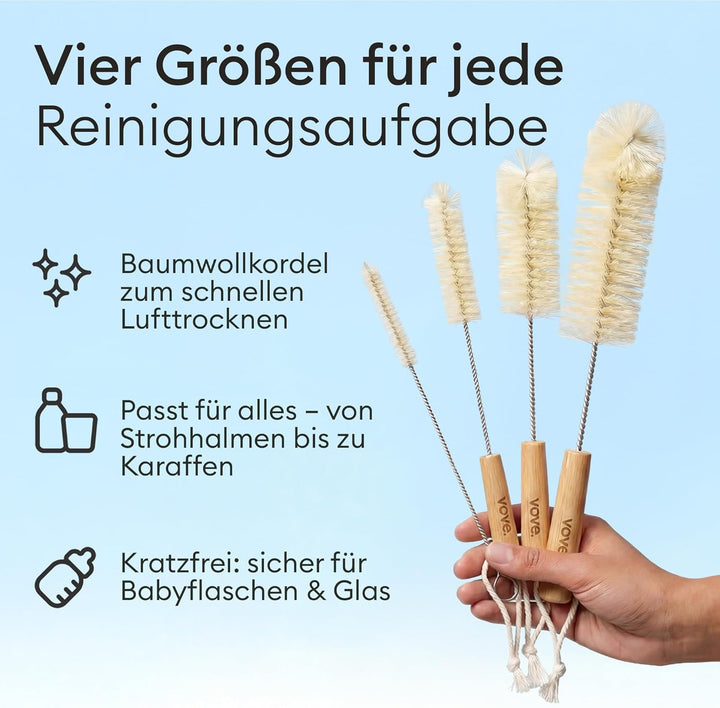 Vove Flaschenbürsten-Set 4-teilig aus Natur-Sisal mit Bambusgriffen, plastikfrei, inkl. Strohhalmrei