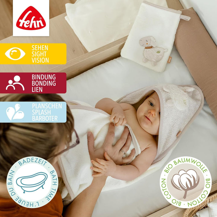 Fehn Bade-Set Schaf Natur – Bade-Set Handtuch & Waschlappen aus Baumwolle aus biolgischem Anbau - mi