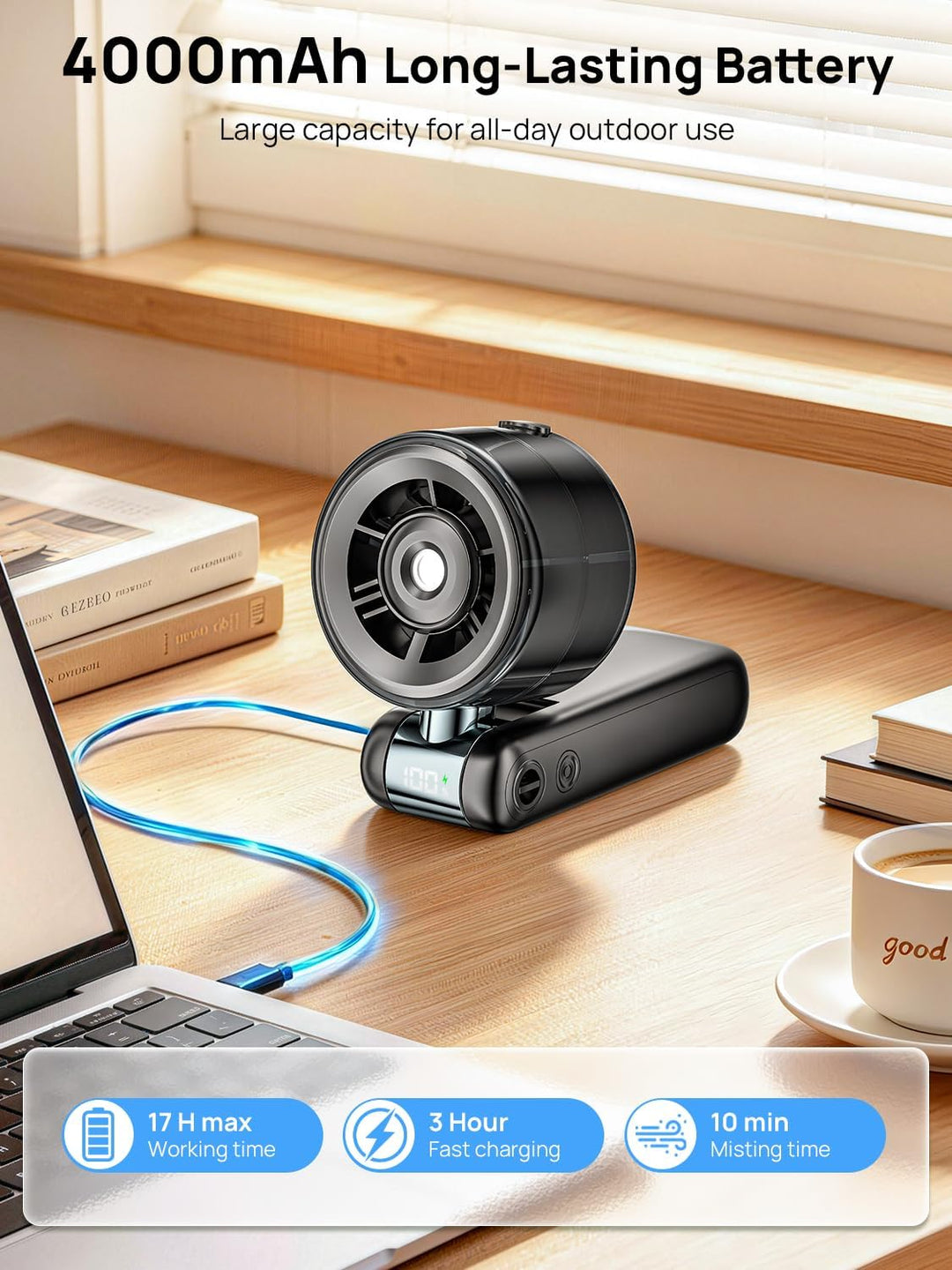 Handventilator mit Wasserkühlung, Turboventilator Klein mit Kühlnebel Spray, USB Wiederaufladbarer A