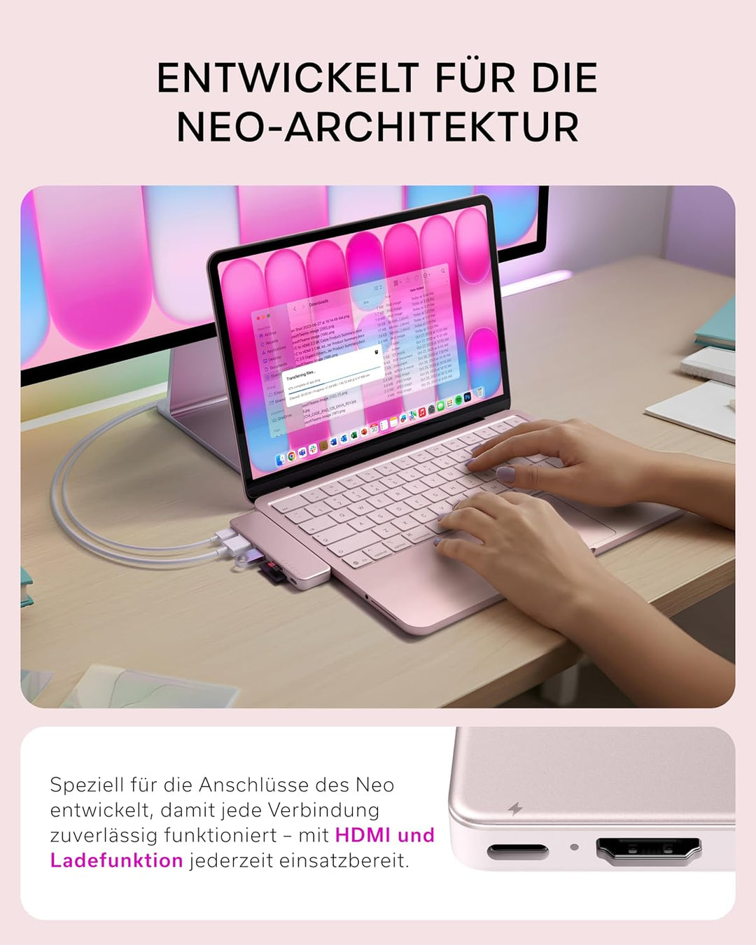 SATECHI USB-C Snap Hub 6-in-2 für MacBook Neo, Rosa | PD 45 W, HDMI 4K@60 Hz, Dual-USB-C Anschluss,