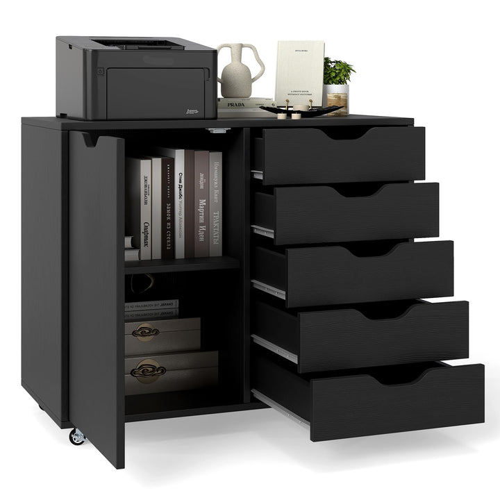 GIANTEX Rollcontainer mit 5 Schubladen & Schrank, Aktenschrank mit Rollen, Schubladenschrank Holz un
